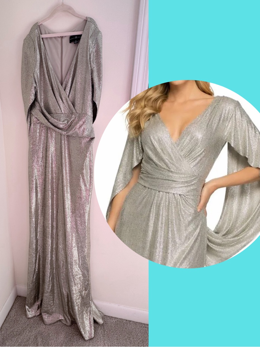 Betsy & Adam Metallic Wrap Gown